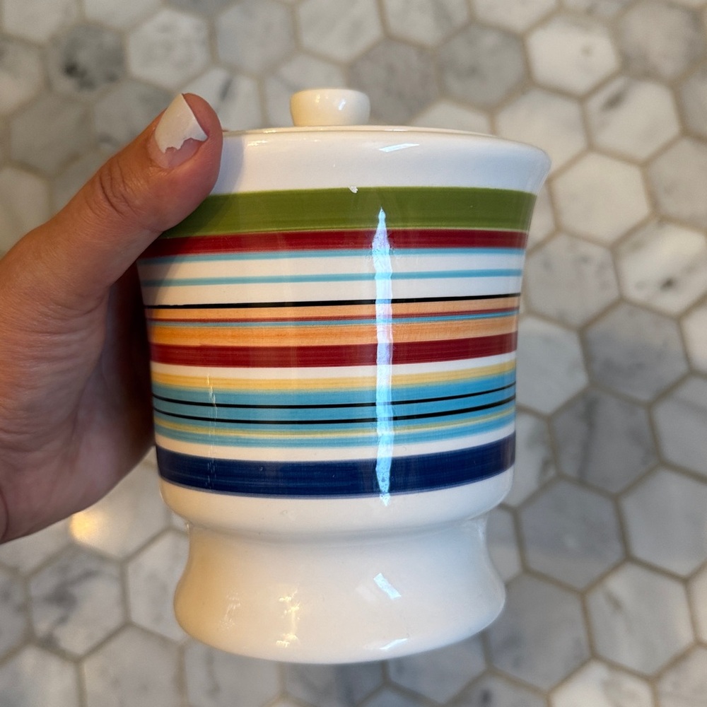Pottery Barn striped cotton ball holder